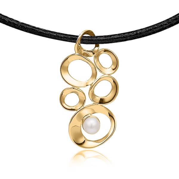 Smukt guldbelagt vedhæng med perle og læderkæde fra Blicher Fuglsang 60 cm kæde